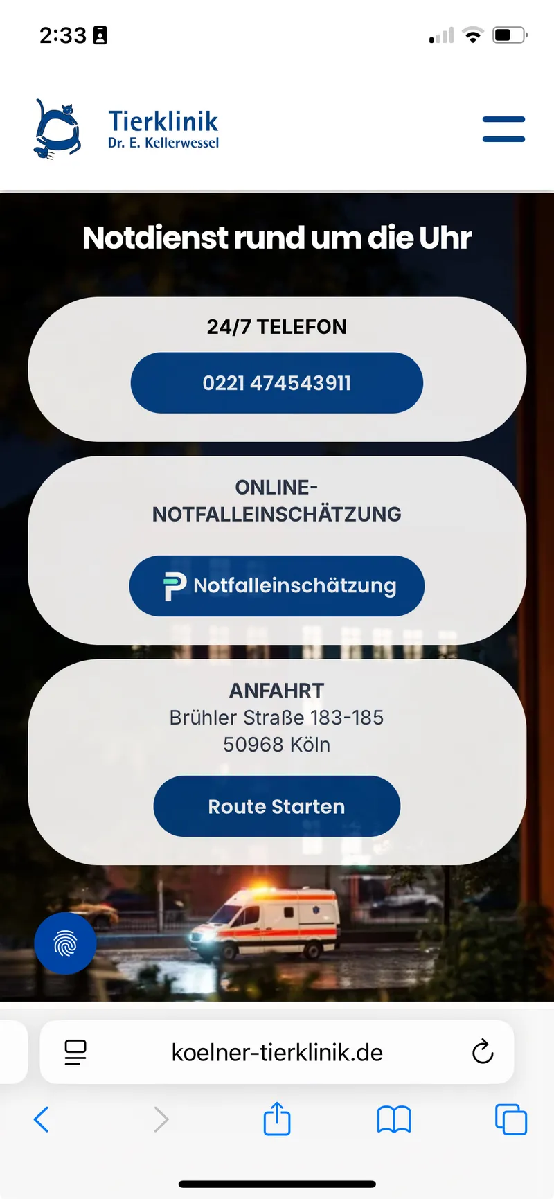 Mobile Website-Beispiel: Notdienst-Seite Tierklinik Köln-Süd
